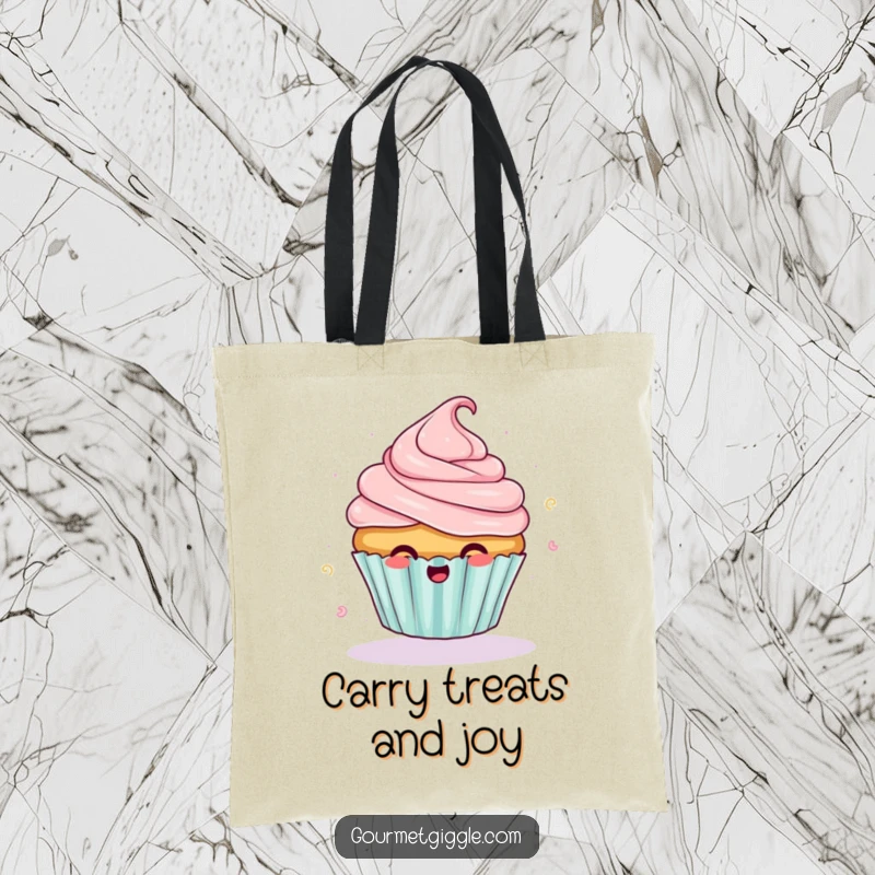 Funny giggling cupcake tote bag with frosting flying off mid-spin, perfect for shopping with a side of sweet humor.