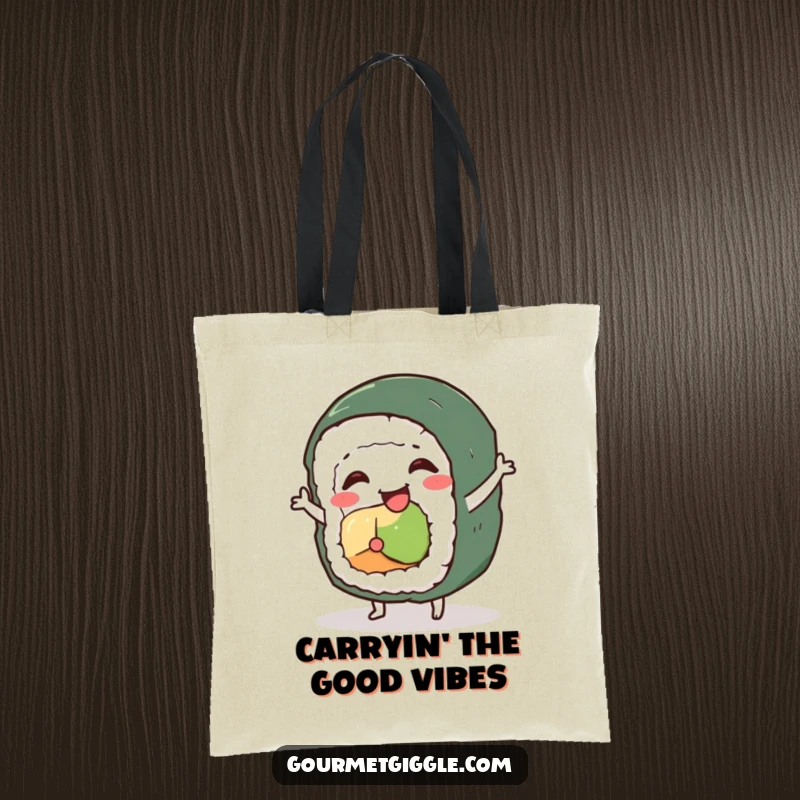 Funny sushi roll character tote bag, a wobbly roll doing a silly dance, perfect for carrying groceries with humor.