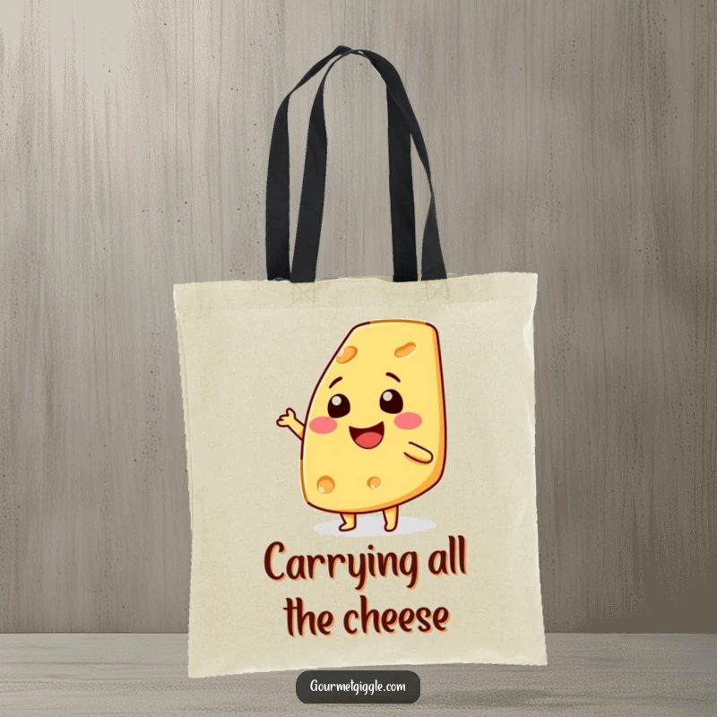 Funny smiling cheese wedge shimmy tote bag, sturdy and spacious, features a dancing cheese wedge, perfect for shopping and daily use.