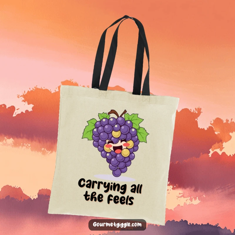 Funny Tote Bag showcasing a cheerful bunch of grapes joyfully rolling, perfect for market trips and daily errands.