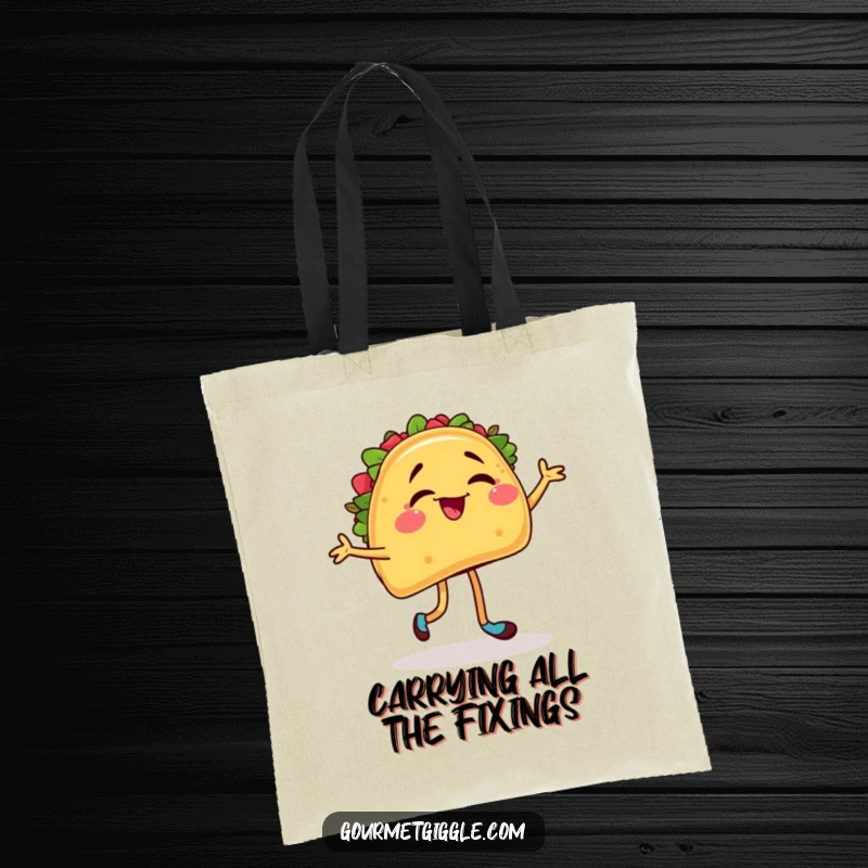 Funny tote bag featuring a winking taco character in a lively salsa dance, bringing fiesta vibes wherever you go.