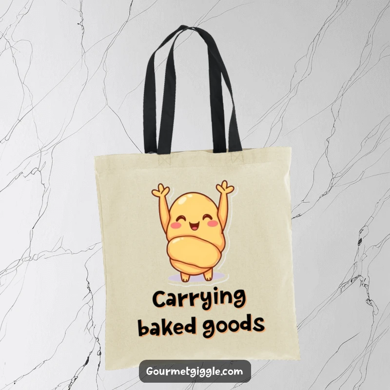 Funny croissant tote bag featuring a cheerful pastry with arms raised in a happy cheer. A practical and delightful accessory.