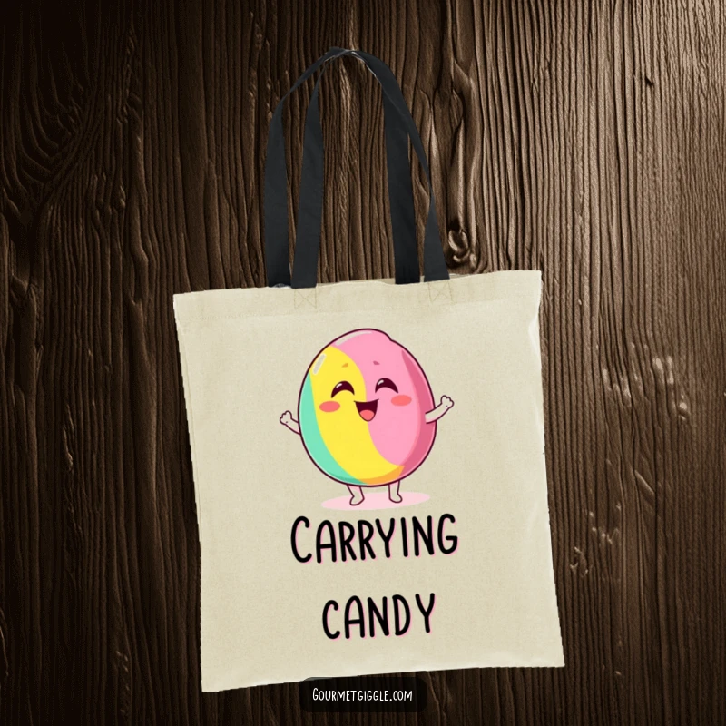 Funny tote bag with a delighted candy bouncing excitedly with a silly grin, perfect for carrying goodies with sweet flair.