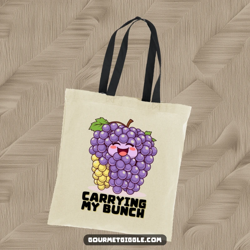 Funny wiggling grapes tote bag, a lively bunch of grapes bouncing and laughing, a spacious and humorous accessory, great for shopping.