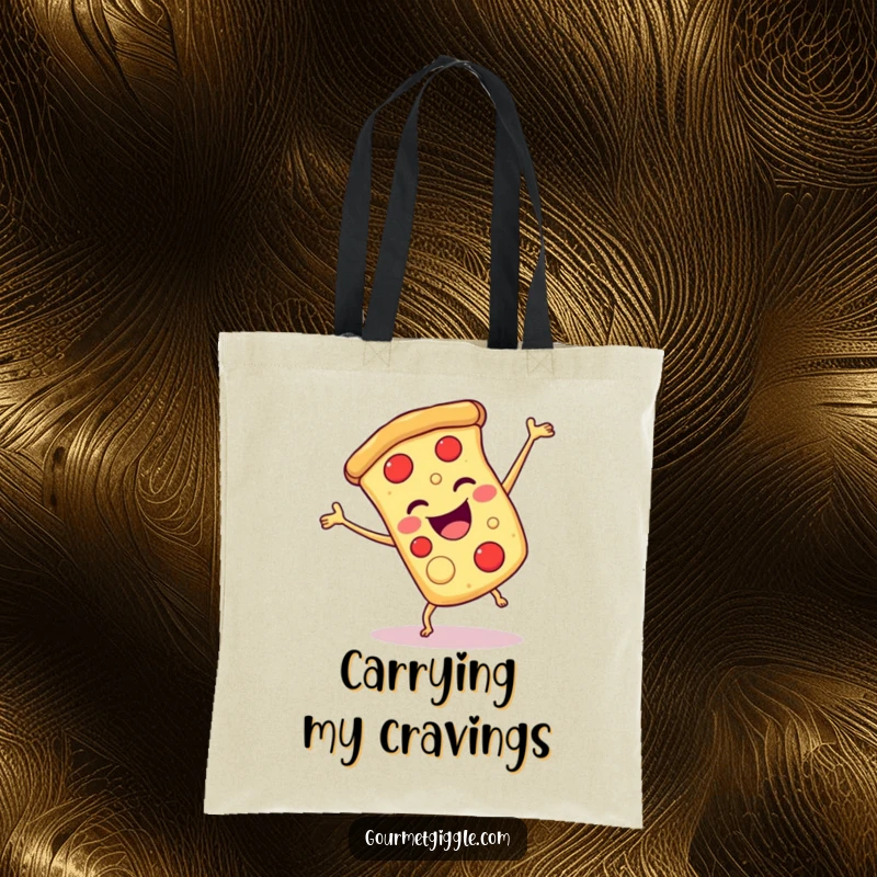 Funny pizza cartwheel tote bag featuring a smiling slice of pizza doing a joyful cartwheel, for everyday use.