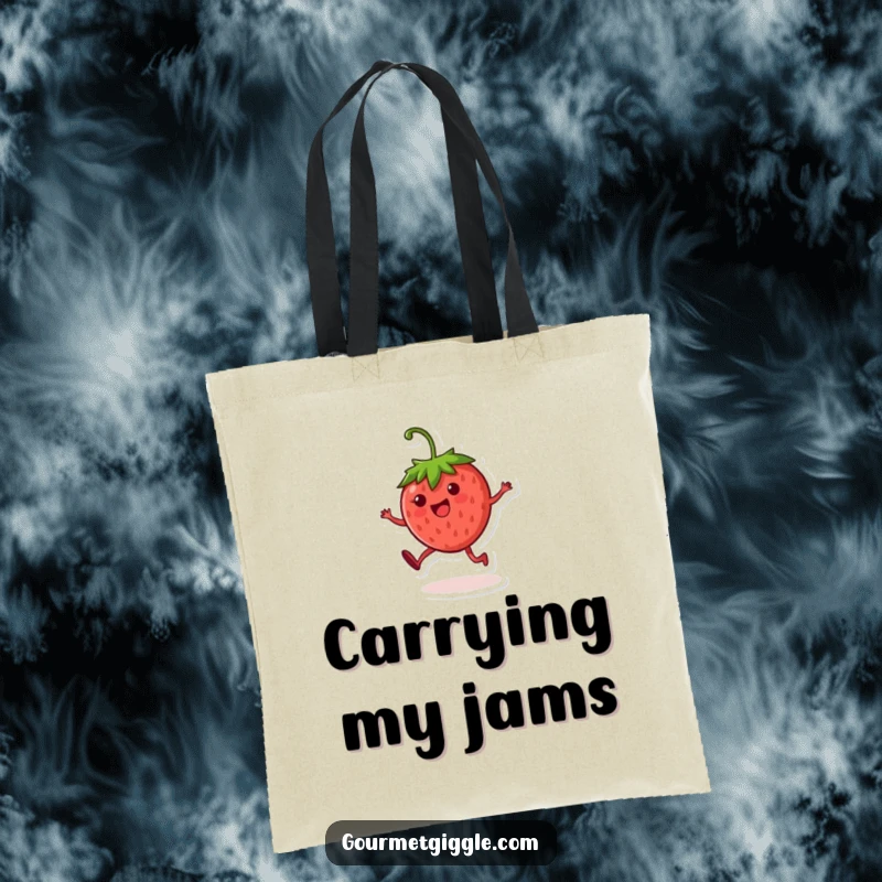 Funny strawberry character tote bag, featuring a jubilant round fruit executing a delightful cartwheel, adding fun to errands.