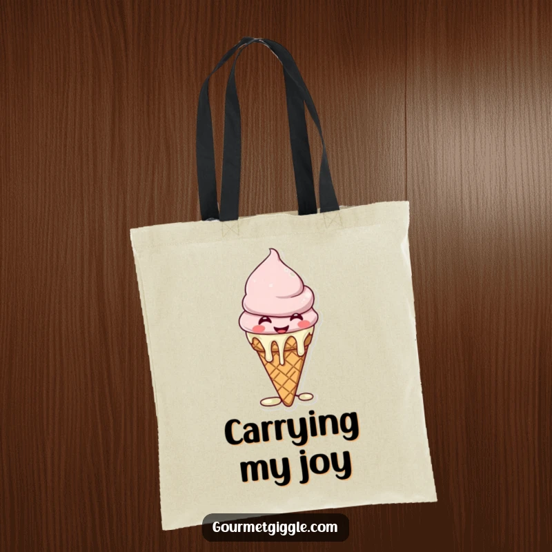 Funny Tote Bag featuring a giggling ice cream cone with melting drips, perfect for carrying treats and smiles.
