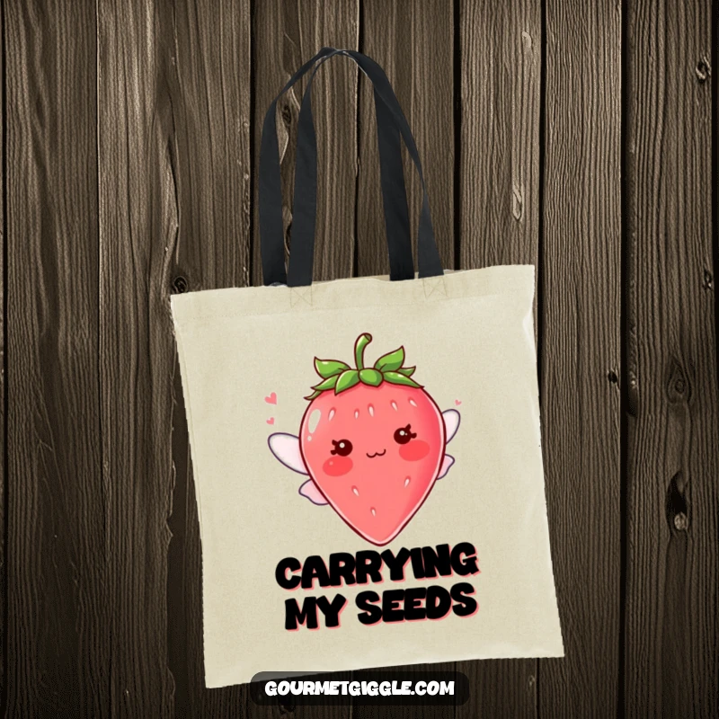 Funny blushing strawberry character with tiny fluttering wings on a tote bag, a cute and practical design for a funny gift.