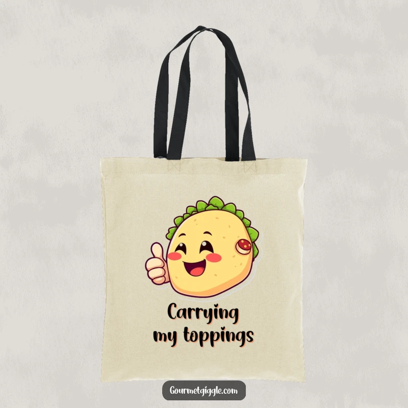 Funny tote bag featuring a smiling taco character giving a positive thumbs up, perfect for carrying essentials with humor.