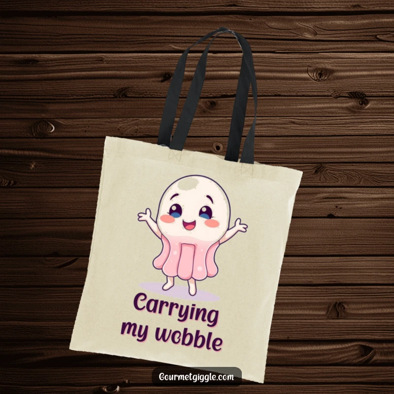 Funny Jelly Tote Bag with a wobbly jelly character captured mid-happy dance, spreading smiles.