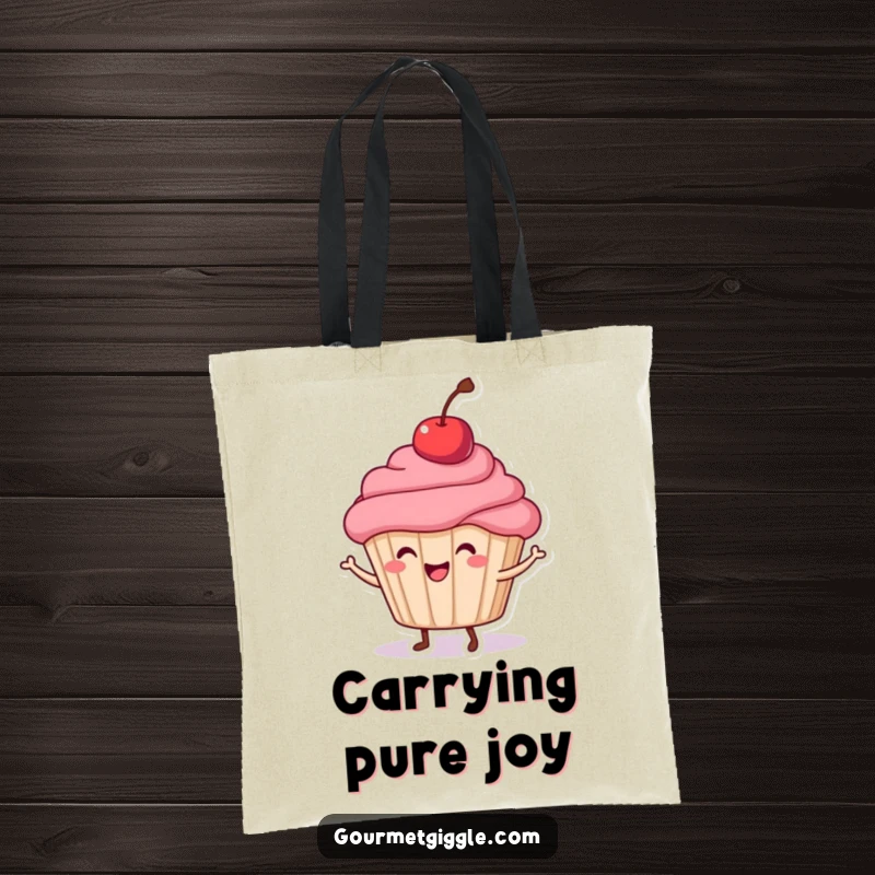 Funny Cupcake Tote Bag with a dancing cupcake and cherry, making everyday tasks a delightful and humorous experience.