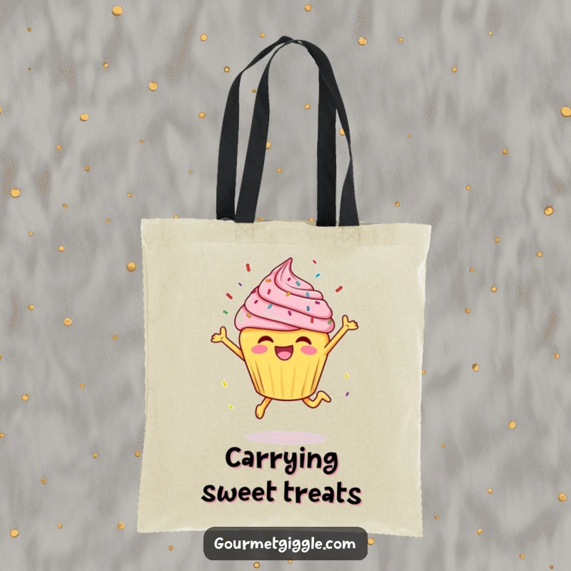 Funny cheerful cupcake mid-leap with sprinkles flying, featured on a stylish and practical tote bag.