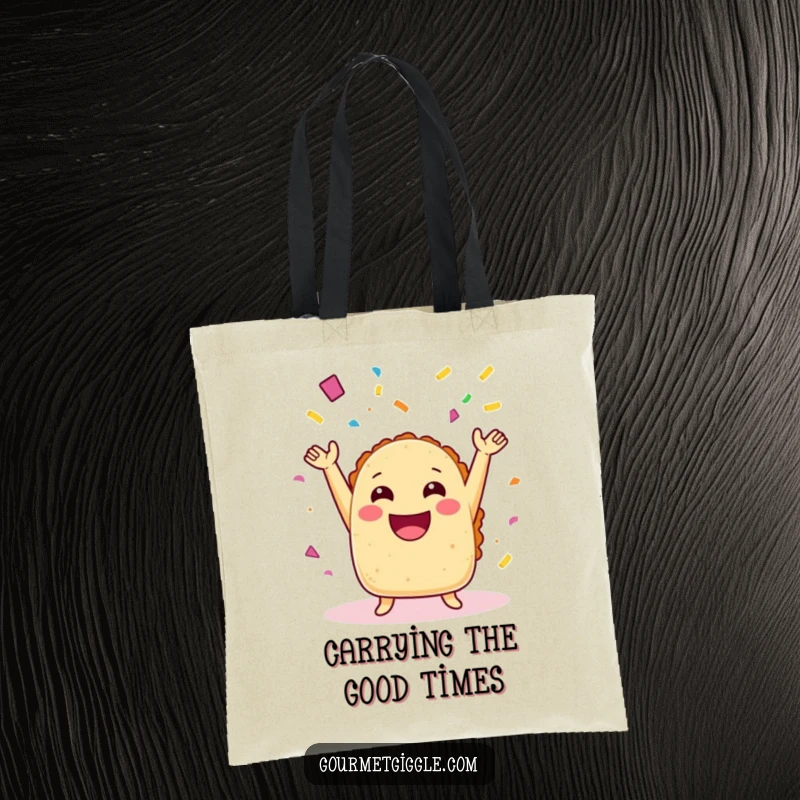 Funny taco tote bag with arms joyfully throwing confetti, perfect for groceries and carrying humorous, festive supplies.