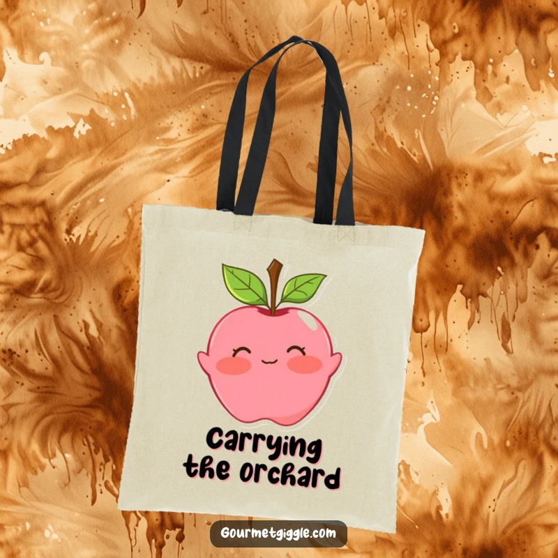 Funny apple tote bag featuring a blushing fruit with leaf hair, doing a playful curtsy. A charming and practical accessory.