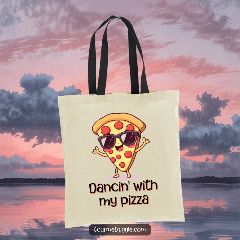 Funny pizza tote bag with a dancing slice wearing sunglasses, perfect for carrying groceries.