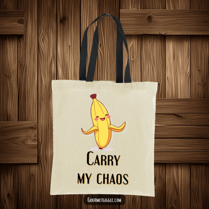 Funny Banana Peel Tote Bag: A durable tote bag showcasing a grinning banana peel in a comical slip, perfect for shopping with a humorous touch.