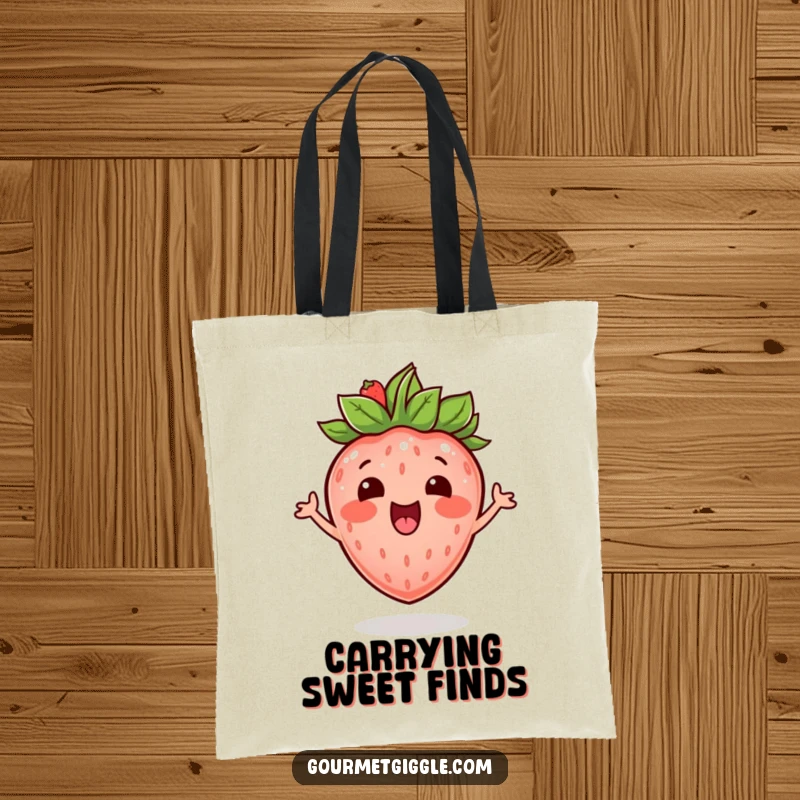 Funny excited strawberry with a leafy crown, shown bouncing with mirth on a practical and cheerful tote bag.