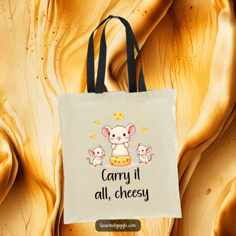 Funny Cheese Juggling Mice Tote Bag: A cheerful cheese slice juggles little mice, adding a humorous and practical touch to your everyday carry.