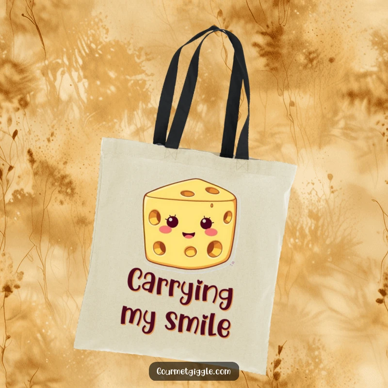 Funny cheese tote bag depicting a happy character with a wide grin and holes, great for groceries and everyday use.