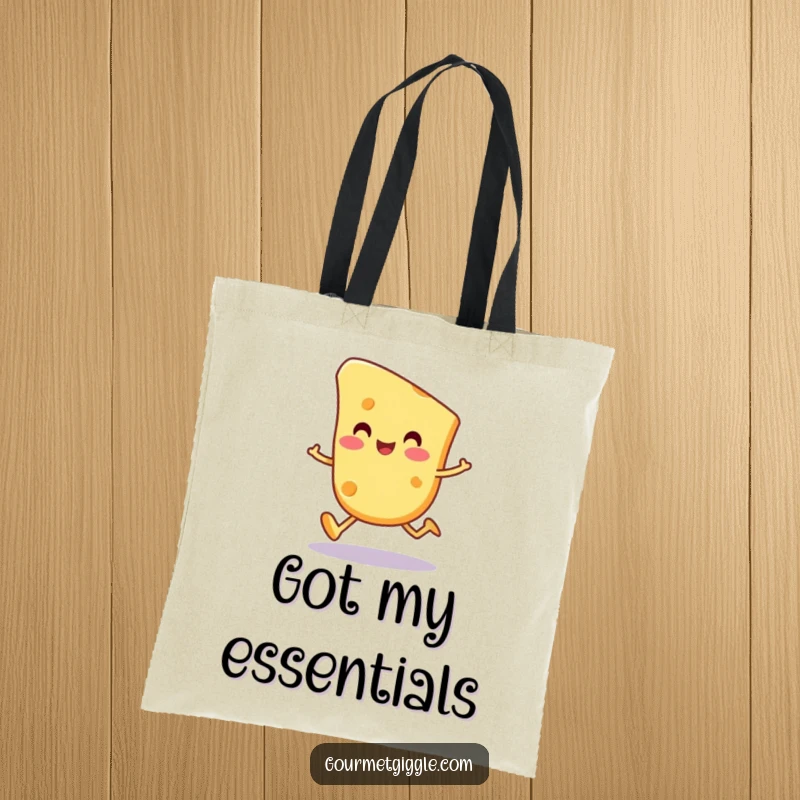 Funny cheese slice character tote bag, a happy, round cheese piece doing a wobbly trot, perfect for carrying essentials humorously.
