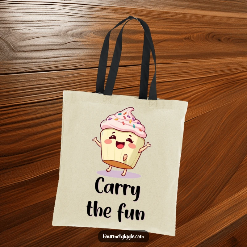 Funny tote bag with a giggling cupcake doing a cartwheel, perfect for carrying goodies with a sprinkle of fun.