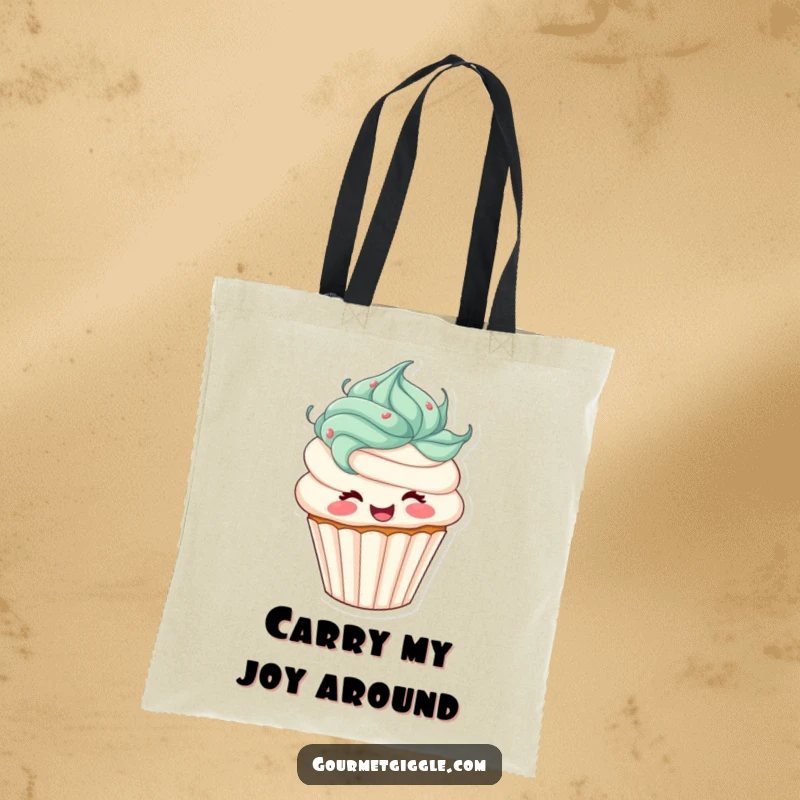 Funny cupcake tote bag featuring a happy cupcake with styled frosting hair, spinning with glee. Perfect for shopping or carrying daily necessities.
