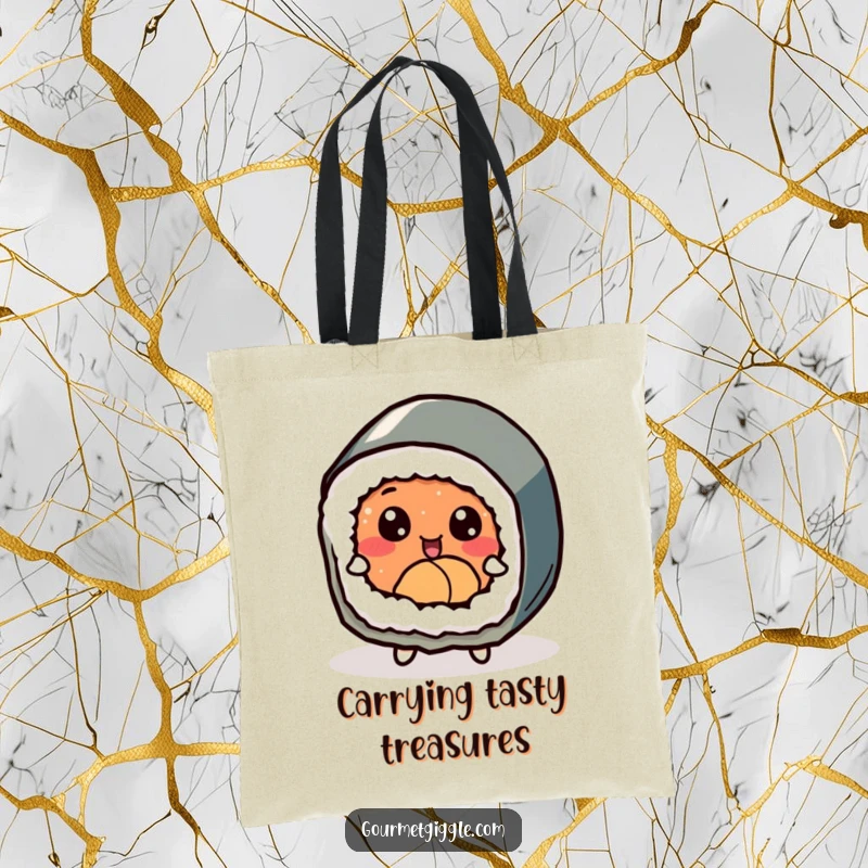 Funny delighted sushi roll with expressive eyes, joyfully dancing on a practical and humorous tote bag.
