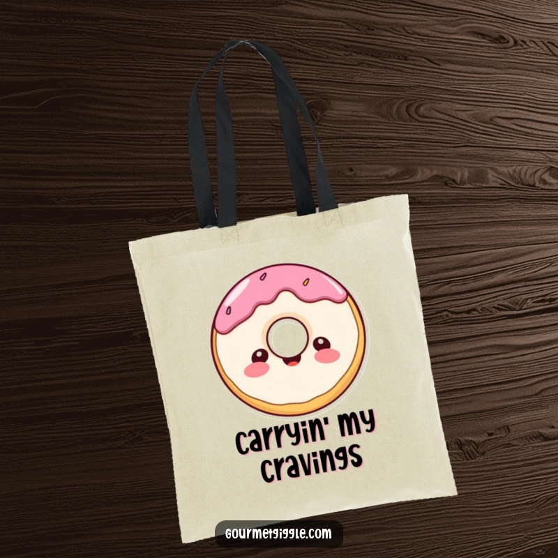 Funny donut character tote bag, a cheerful, round donut with a delighted expression, perfect for carrying treats humorously.