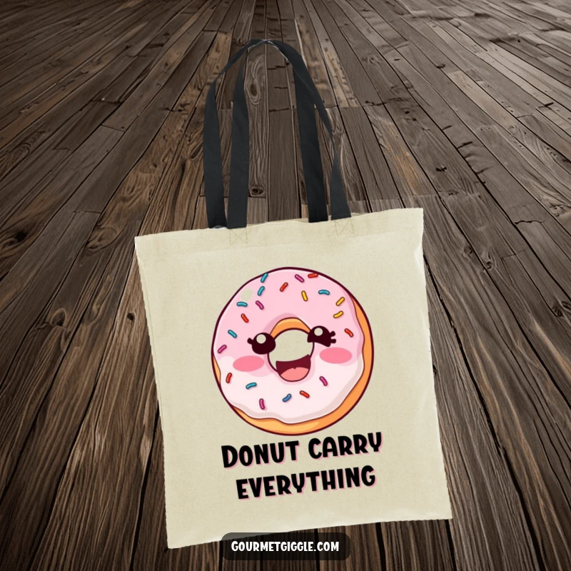 Funny Donut Sprinkles Tote Bag featuring a laughing donut with wiggling sprinkles, perfect for carrying essentials with a side of sweet, humorous flair.