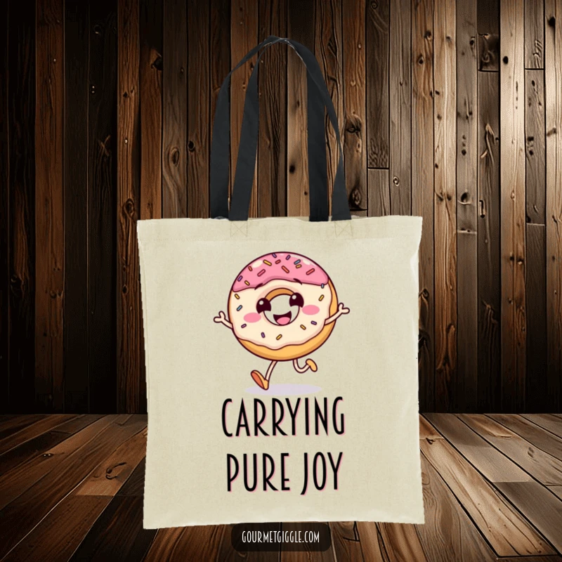 Funny tote bag with a grinning donut character doing a little jump, its sprinkles scattering playfully, a sweet and humorous accessory.