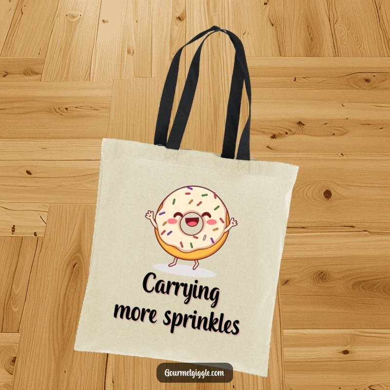 Funny donut tote bag with sprinkles doing a joyful wiggle dance, a practical and cheerful accessory for everyday use. Great for shopping.