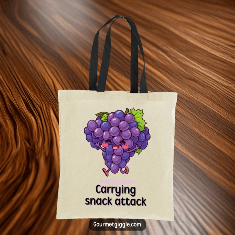 Funny tote bag featuring a bunch of grapes caught mid-hop, looking exuberant and ready for any adventure.
