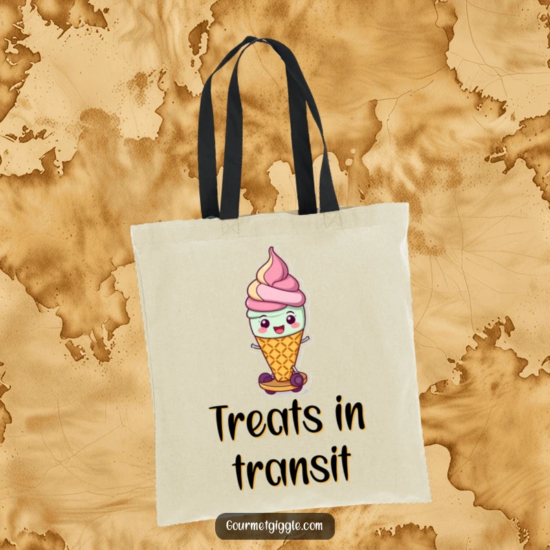 Funny tote bag showcasing a joyful, scooting ice cream cone with legs, ideal for carrying daily necessities with a smile.