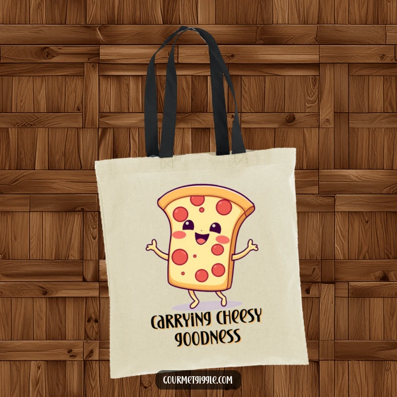 Funny Tote Bag: A smiling pizza slice enthusiastically doing a happy jig, ideal for carrying daily essentials with a dose of cheer.