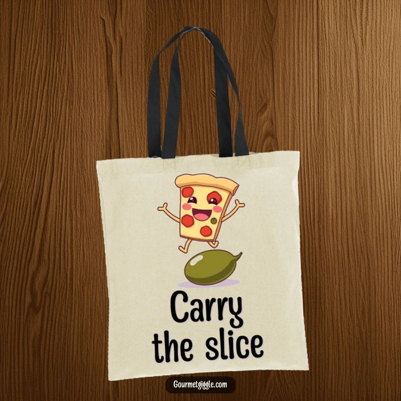 Funny tote bag with a grinning pizza slice leaping over a giant olive, ideal for carrying goods with pizza flair.