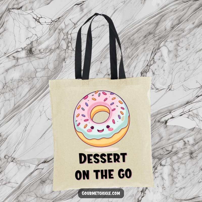 Funny tote bag showcasing a joyful, bouncing donut with sprinkles, ideal for carrying daily necessities with a smile.