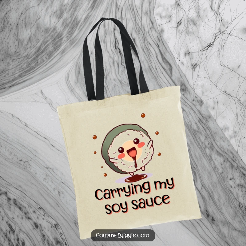 Funny sushi roll tote bag depicting a joyful cartwheel with a splash of soy sauce, very amusing.