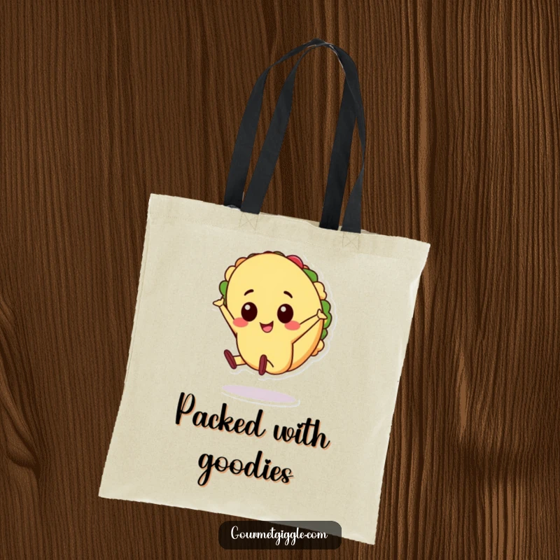 Funny cheerful taco character doing a cartwheel on a tote bag, a lively and practical accessory, a great funny gift.