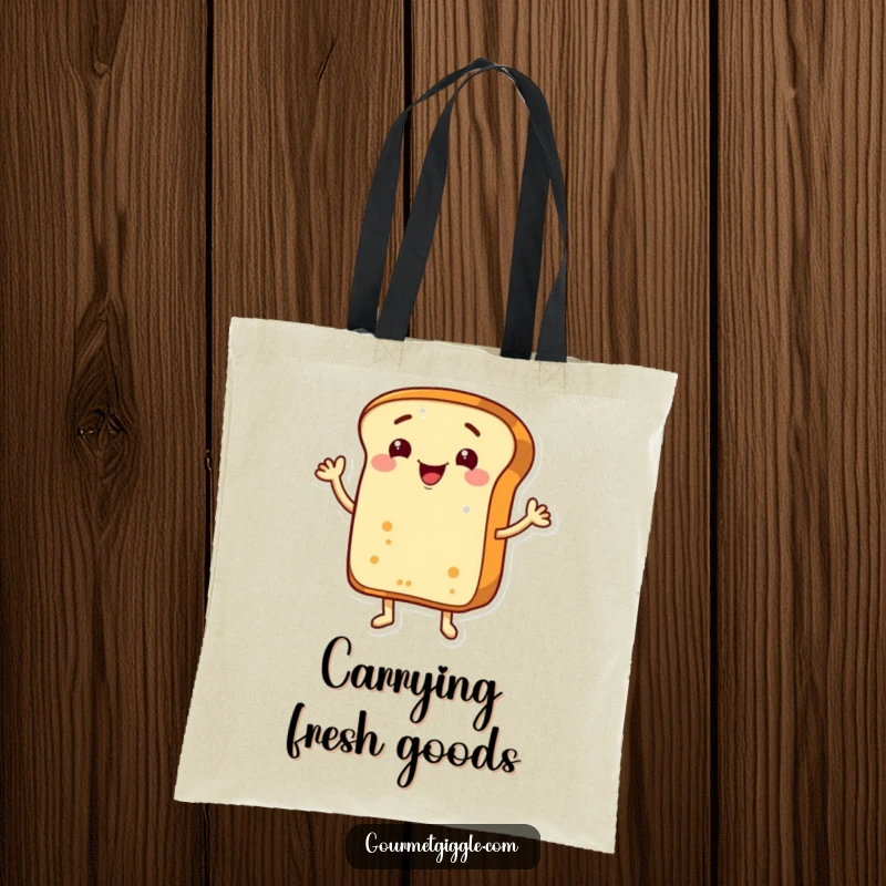 Funny grinning bread loaf with arms, cheerfully waving hello on a practical and humorous tote bag.