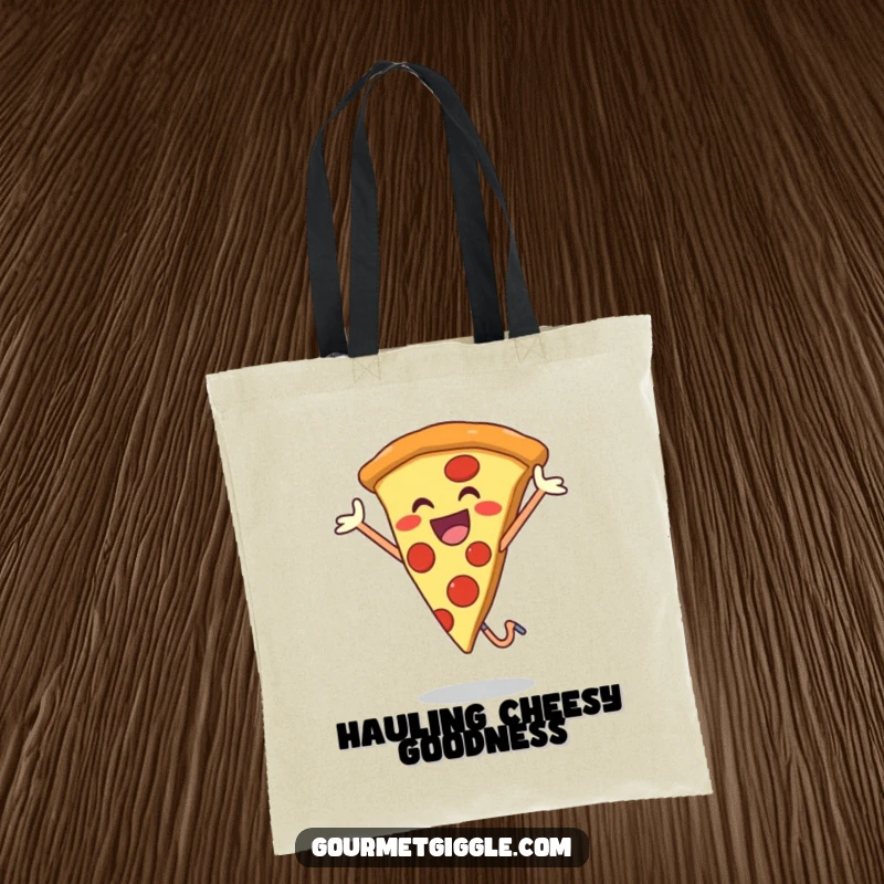 Funny tote bag showcasing a smiling pizza slice in mid-jump, embodying pure happiness and a love for delicious food.