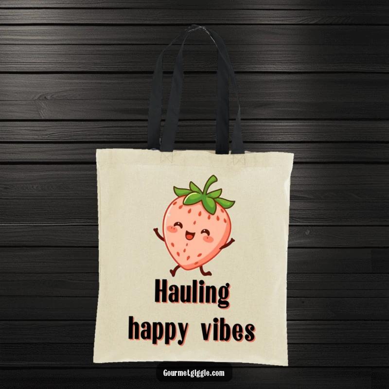 Funny tote bag with a cheerful strawberry character dancing energetically on its little legs, showcasing pure, fruity fun.