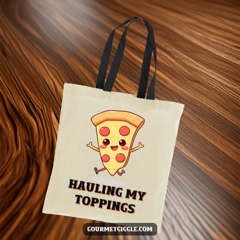 Funny pizza tote bag adorned with a smiling slice of pizza, complete with tiny legs, joyfully skipping.