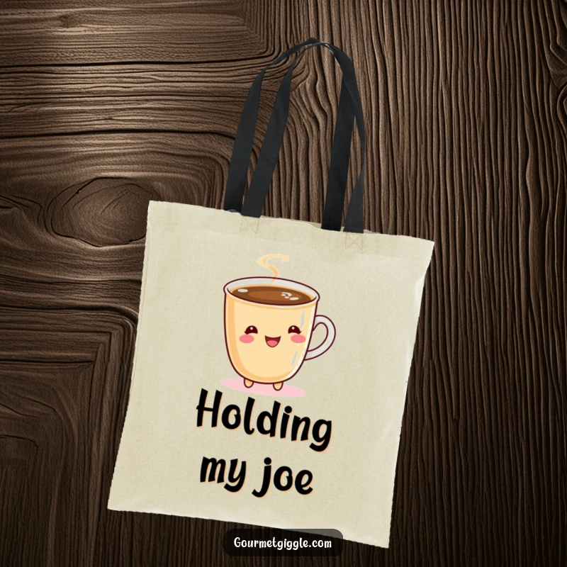 Funny tote bag with a bubbly cup of coffee doing a cheerful twirl, perfect for carrying essentials with style.