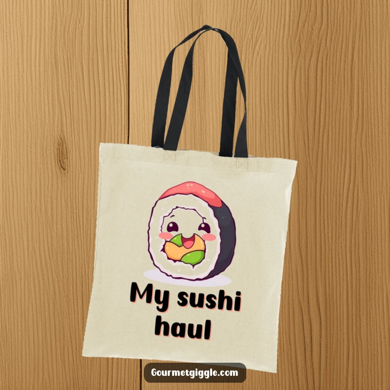 Funny Tote Bag: A happy sushi roll joyfully rolling with glee, perfect for carrying essentials with a dose of culinary delight.