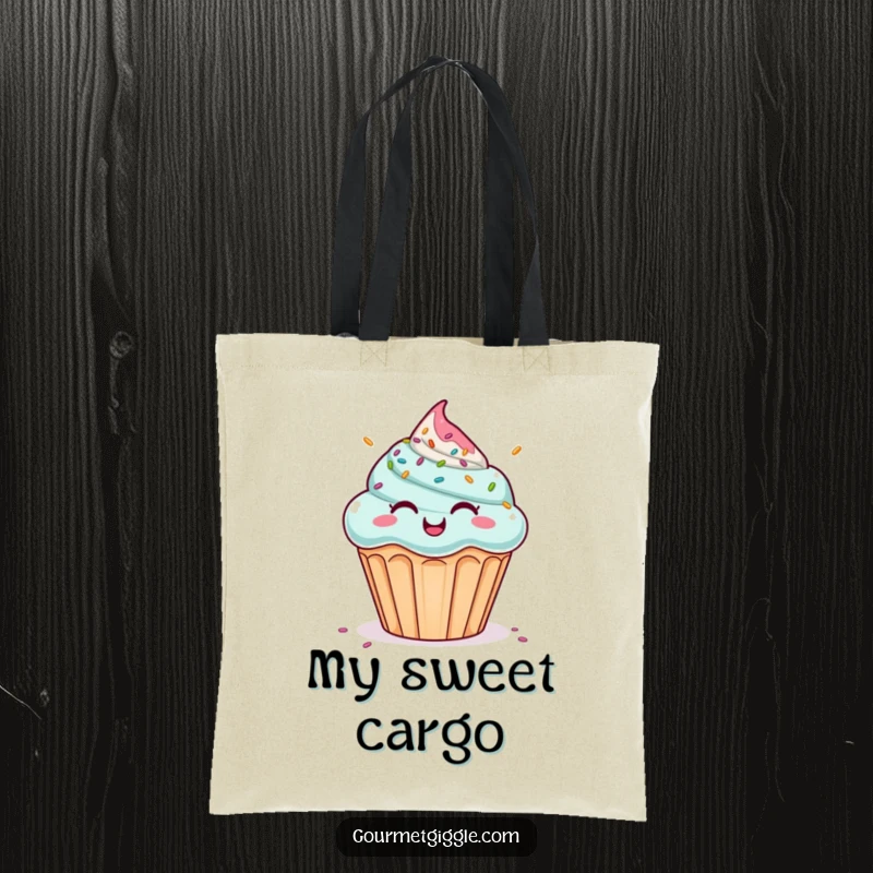 Funny tote bag with a giggling cupcake under a colorful sprinkle shower. Humorous and practical, a great funny gift.
