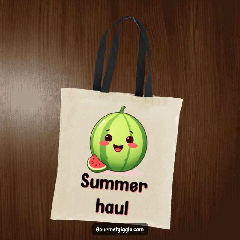 Funny tote bag with a proud watermelon, a slice missing, beaming with summer joy, perfect for stylish carrying.