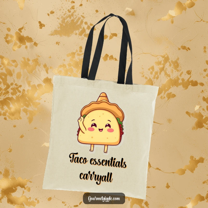 Funny Taco Sombrero Tote Bag showcasing a happy taco in a sombrero enthusiastically tapping its shell, ready for adventure.